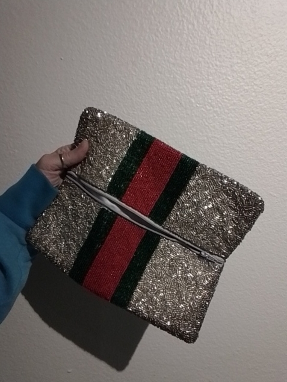 Tiana Hand Beaded Metallic Silver Clutch Bag Green Red Silver - Picture 5 of 12